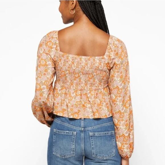 Daisy & Delilah (M) Floral Smocked Long Sleeve Peasant Top Tie Front Crop Blouse - Picture 6 of 16